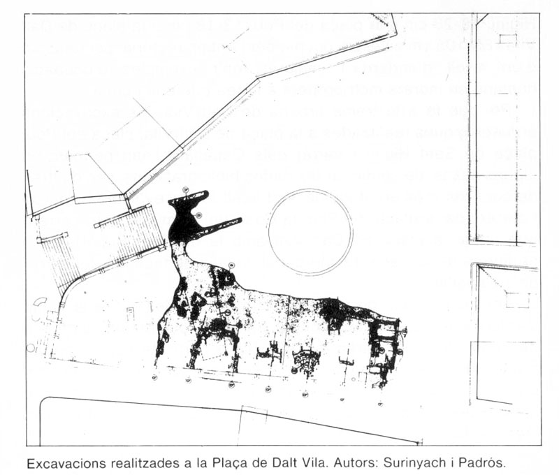 Plànol de les excavacions realitzades a la plaça de Dalt Vila l’any 1983. Autors: Surinyach i Padrós.