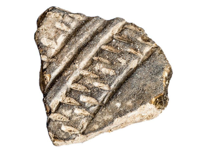 Fragment de ceràmica informe amb franges d’incisions horitzontals i verticals formant una sanefa, adscrit al període calcolític. Procedeix del jaciment de l’Institut de Batxillerat Antoni Pous. MIT 10523. 