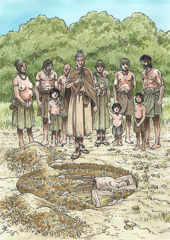 Reconstrucció hipotètica del ritus funerari i de les estructures d'enterrament en fossa de l'assentament de Manlleu. Període calcolític - bronze antic.
