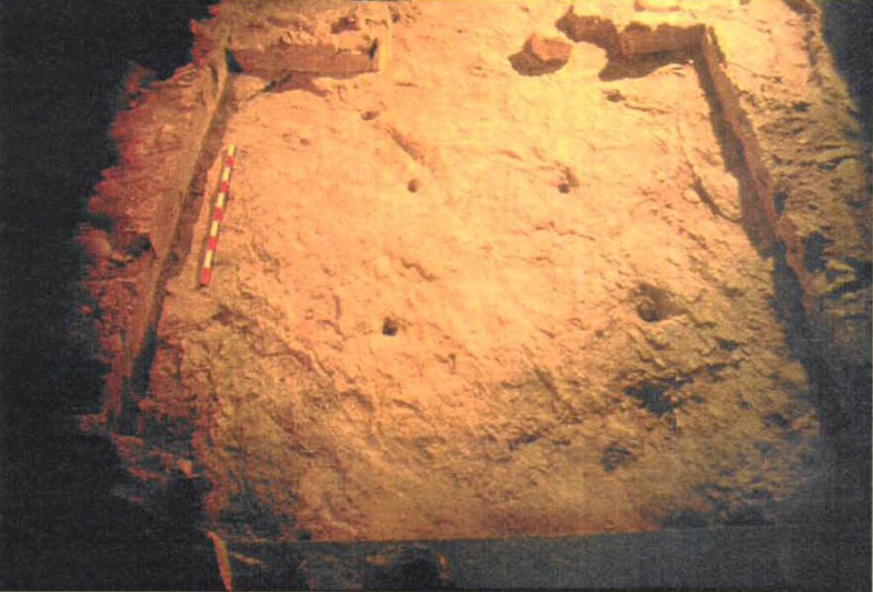 Encaixos excavats a la roca i part de l’estructura preromànica localitzada al subsòl de l’església. Fotografia: Josep Pujades